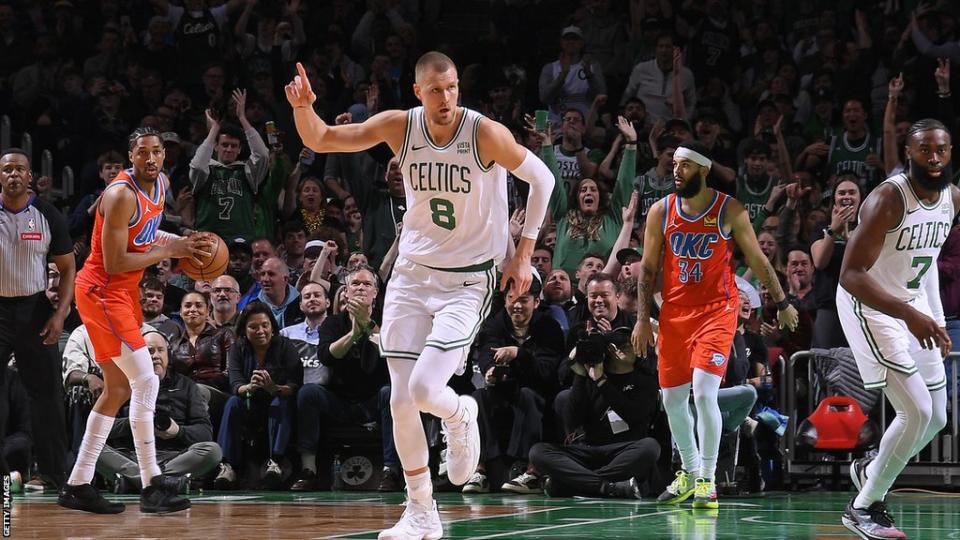 Boston Celtics' Kristps Porzingis celebrates against the Oklahoma City Thunder