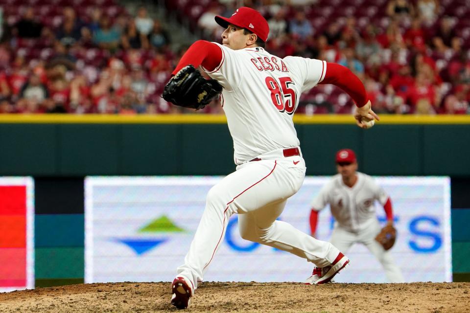 Cincinnati Reds relief pitcher Luis Cessa (85) delivers in the ninth inning of a baseball game against the Washington Nationals, Friday, June 3, 2022, at Great American Ball Park in Cincinnati. The Washington Nationals won, 8-5.