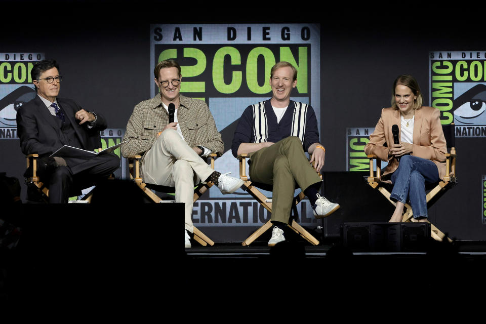 Stephen Colbert with showrunners JD Payne, Patrick McKay and executive producer Lindsey Weber onstage at the "The Lord of the Rings: The Rings of Power" panel during 2022 Comic-Con International: San Diego on July 22, 2022<span class="copyright">Kevin Winter—Getty Images</span>