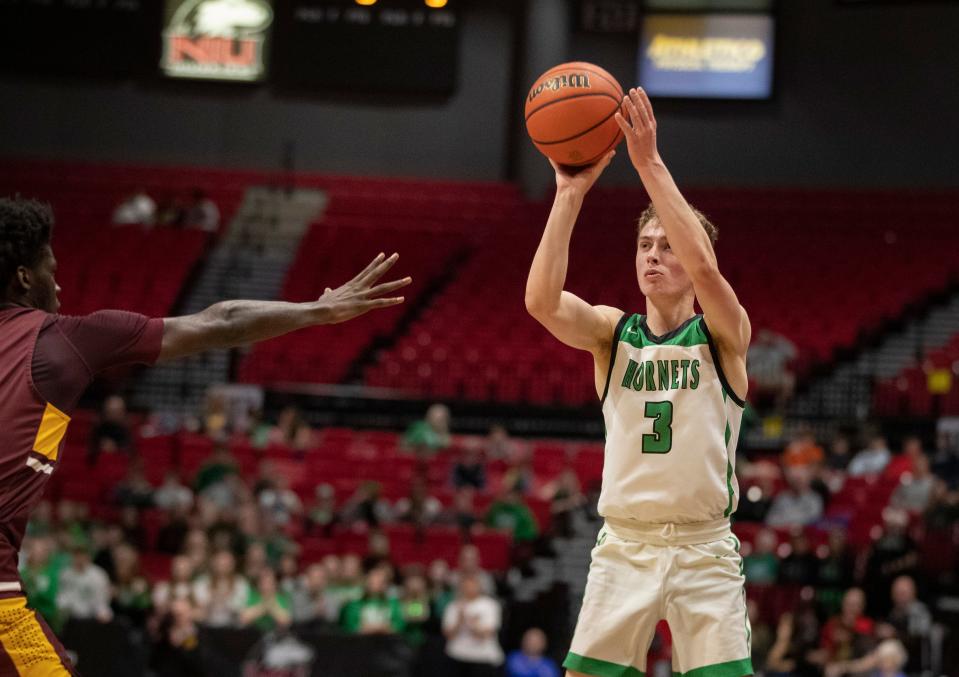 Scales Mound's Thomas Hereau shoots a 3-pointer against Chicago Marshall on Monday, March 6, 2023, at Northern Illinois University in DeKalb. Hereau was also Scales Mound's leading scorer in a double-overtime sectional win over South Beloit.