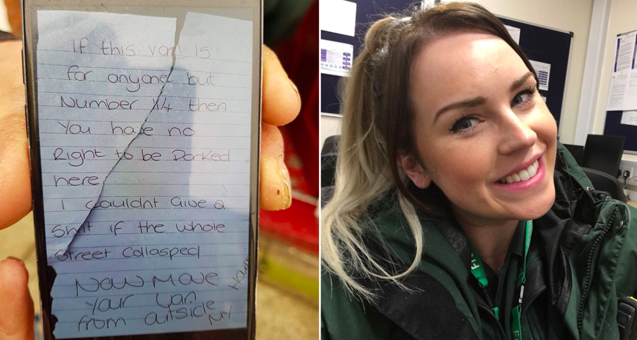 <em>West Midlands Ambulance Service paramedic mentor Katie Tudor (right) tweeted the note that was left on the ambulance on Sunday morning (SWNS)</em>