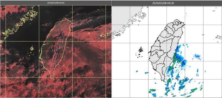 今(8日)晨4：20真實色真實色雲圖顯示，鋒面的殘餘雲系，逐漸脫離(左圖)。4：30雷達回波合成圖亦顯示，花東外海有回波消長(右圖)。取自氣象應用推廣基金會