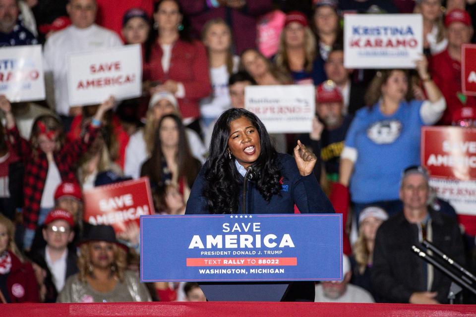 Kristina Karamo, Republican candidate for Michigan Secretary of State speaks at a Save America rally at the Michigan Stars Sports Center in Washington Township on April 2, 2022.