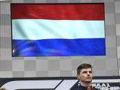 Red Bull driver Max Verstappen of the Netherland's stands on the podium during the Dutch national anthem after he won the German Formula One Grand Prix at the Hockenheimring racetrack in Hockenheim, Germany, Sunday, July 28, 2019. (AP Photo/Jens Meyer)