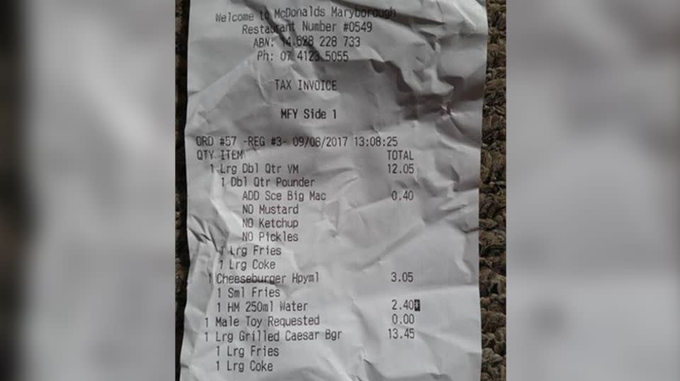 Ms McHughes kept her meal receipt and said she froze the maggots burger as proof. Source: Facebook