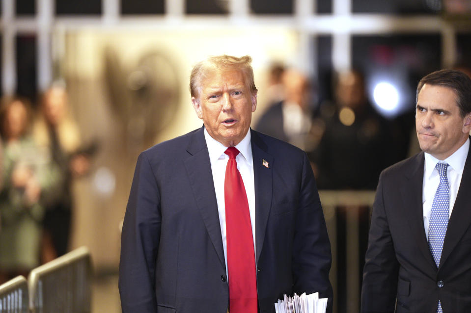 Former President Donald Trump leaves Manhattan criminal court on Tuesday, April 23, 2024 in New York. (Curtis Means/DailyMail.com via AP, Pool)