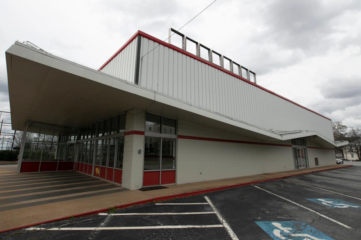 The former Varsity location in Athens, Ga., on Friday, March 8, 2024. The redevelopment plan for the location plans to save giant old magnolia trees.