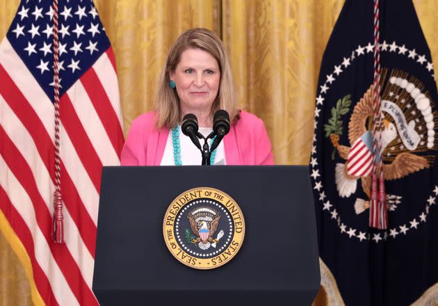 Liz Shuler, AFL-CIO president, speaks during an event on workers' rights at the White House on Sept. 8, 2021. Biden has been a strong ally of organized labor.