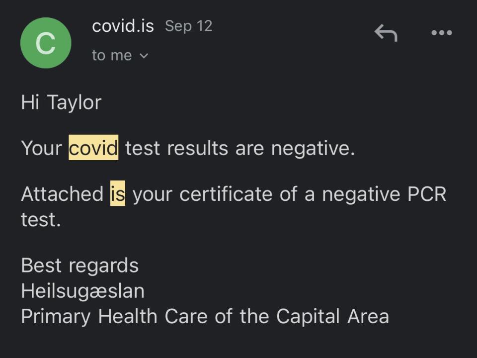 Negative covid result