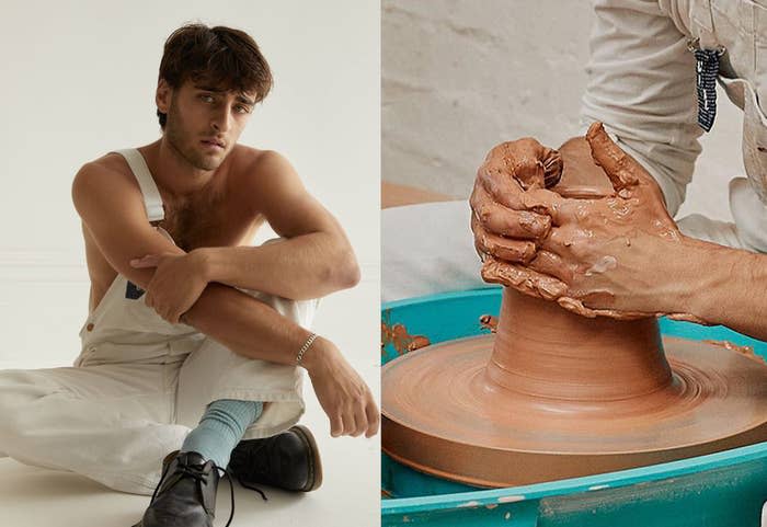 Potter Boy in overalls without a shirt, plus a closeup of him throwing pottery