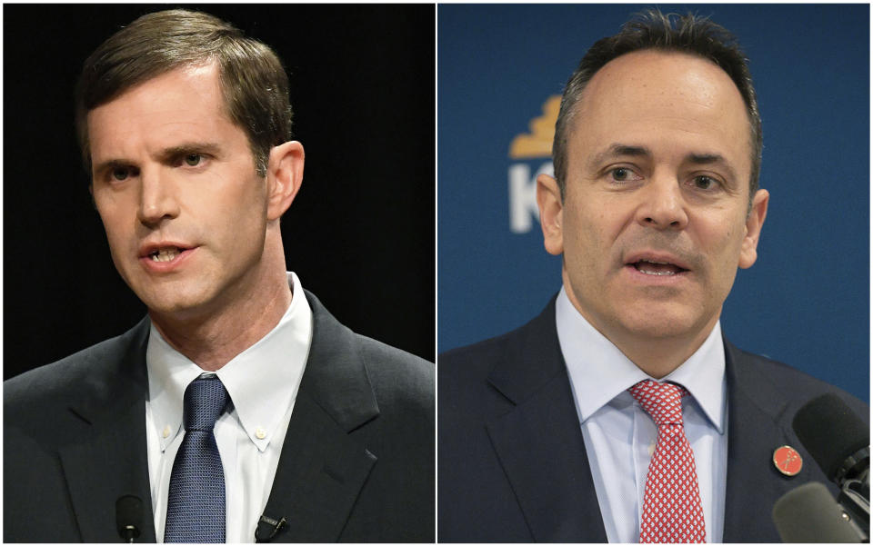 FILE - In this combination of file photos Democratic candidate for Kentucky governor Attorney General Andy Beshear, left, responds during a debate at Transylvania University in Lexington, Ky., on April 24, 2019 and Kentucky Gov. Matt Bevin speaks in the Capitol building in Frankfort, Ky., on Feb. 28, 2019. In Kentucky political circles, Beshear vs. Bevin has become shorthand for the bitter feud between the state's governor and attorney general over legal issues with sweeping implications for the future. The two won their parties' nominations in the primary election for governor on Tuesday, May 21. Now they will square off in November in a grudge match that will have national political experts watching for signs that a Republican incumbent closely aligned with the president might be more vulnerable than expected. (AP Photo/File)