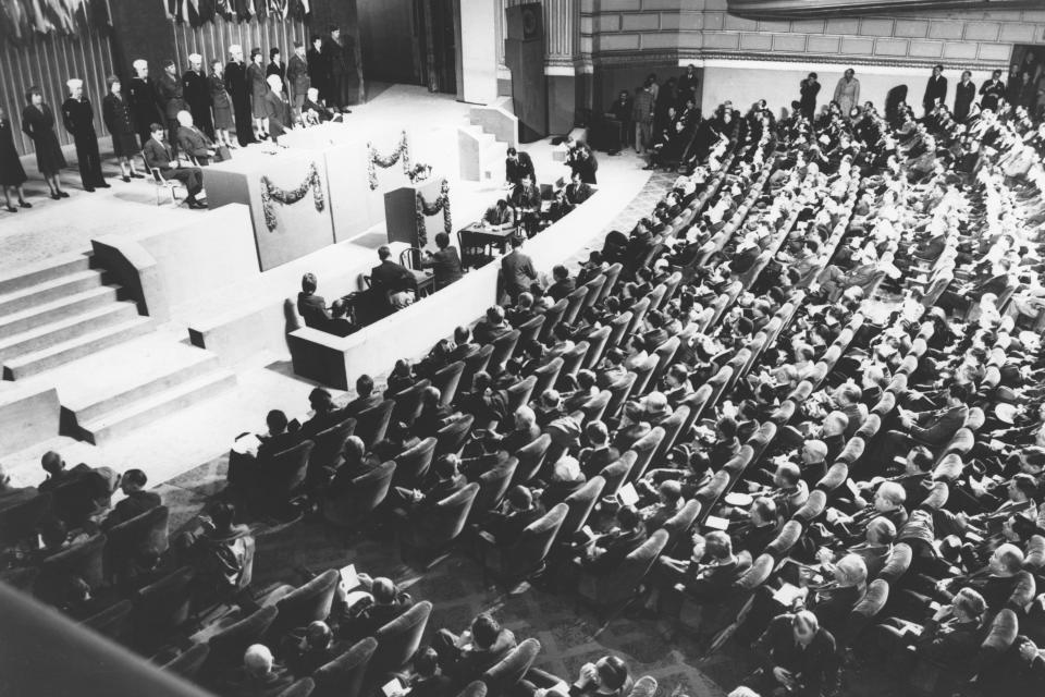 FILE - Representatives of 50 countries are seen at the U.N. Conference on International Organization to draw up the United Nations Charter, on April 25, 1945, in San Francisco, California. The upcoming annual Asia-Pacific Economic Cooperation leaders' summit will be San Francisco's largest international gathering since 1945 when dignitaries gathered to sign the charter creating the United Nations. (AP Photo/File)