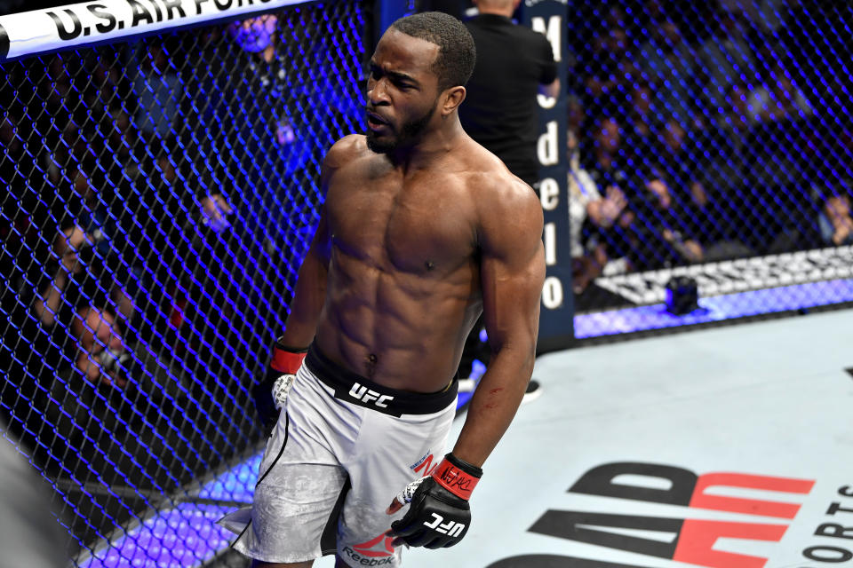 LAS VEGAS, NEVADA - DECEMBER 14: Geoff Neal celebrates his victory in the octagon over Mike Perry in their welterweight bout during the UFC 245 event at T-Mobile Arena on December 14, 2019 in Las Vegas, Nevada. (Photo by Jeff Bottari/Zuffa LLC)