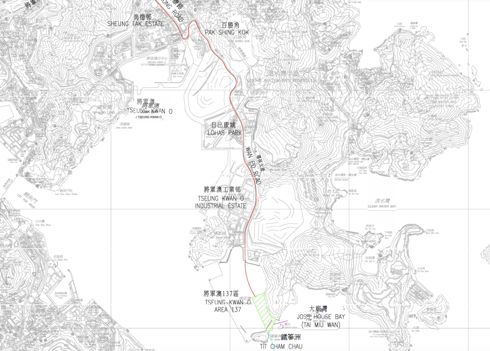 將軍澳海水化淡廠位置圖（圖中綠色斜間位置）。  （區議會文件）