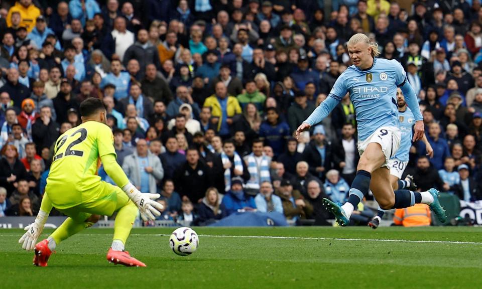 <span>Erling Haaland’s goal against Arsenal was his 100th for Manchester City.</span><span>Photograph: Jason Cairnduff/Action Images/Reuters</span>