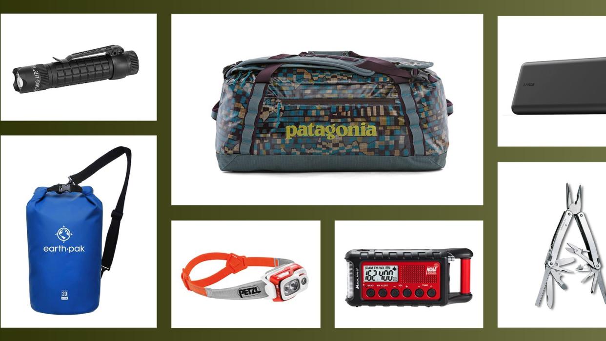 flashlight, duffel bag, portable charging bank, multitool, radio, headlamp, dry bag