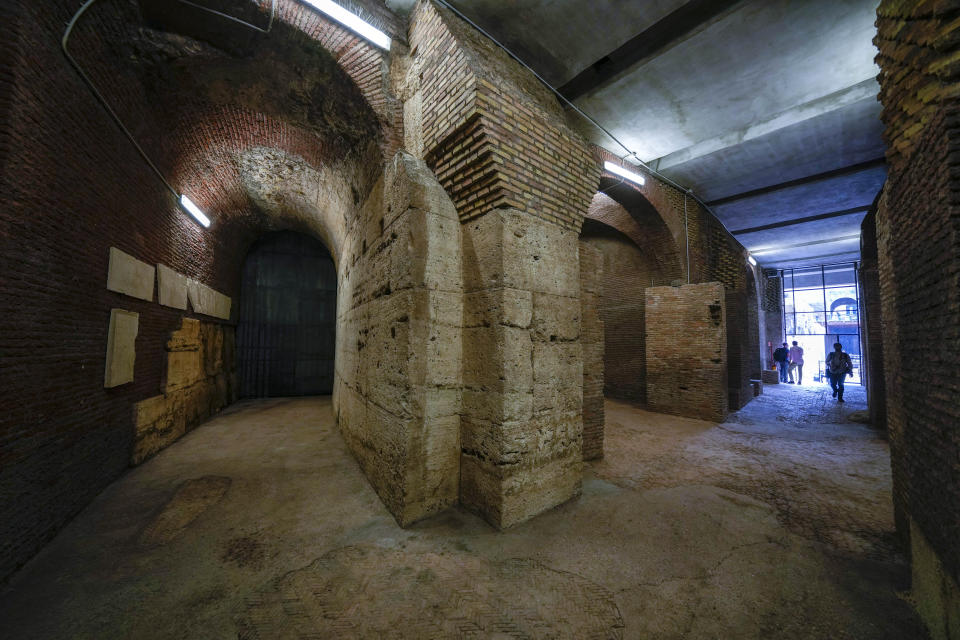 A view of the newly restored lower level of the Colosseum during an event for the media, in Rome, Friday, June 25, 2021. After 2-and-1/2 years of work to shore up the Colosseum’s underground passages, tourists will be able to go down and wander through part of what what had been the ancient arena’s “backstage.” (AP Photo/Andrew Medichini)