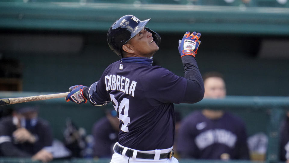 Detroit Tigers' Miguel Cabrera singles to right field off New York Yankees starting pitcher Deivi Garcia during the second inning of a spring training exhibition baseball game at Joker Marchant Stadium in Lakeland, Fla., Tuesday, March 9, 2021. (AP Photo/Gene J. Puskar