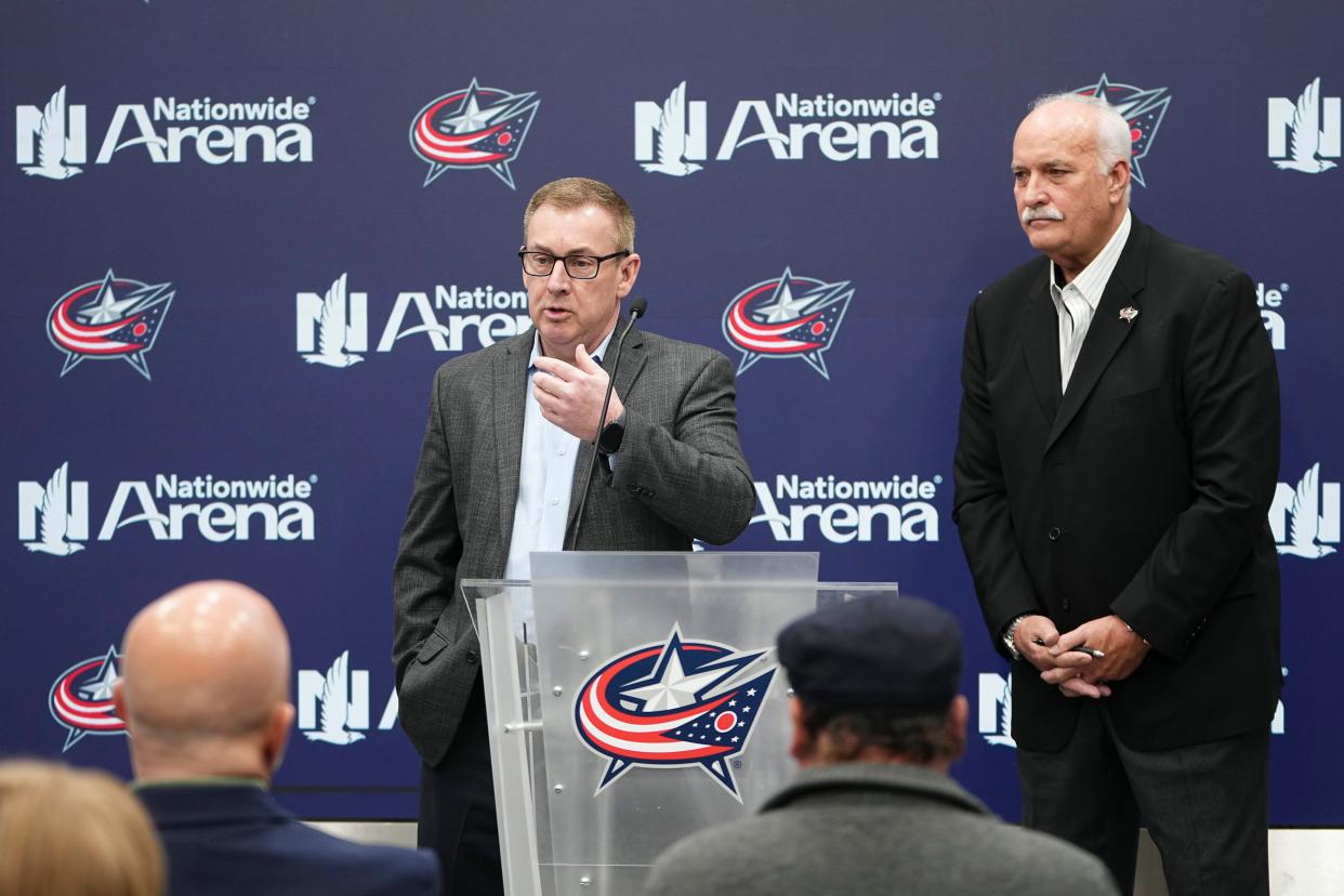Feb 15, 2024; Columbus, Ohio, USA; Columbus Blue Jackets president and alternate governor Mike Priest speaks alongside president of hockey operations John Davidson during a press conference after the firing of general manager Jarmo Kekalainen at Nationwide Arena.