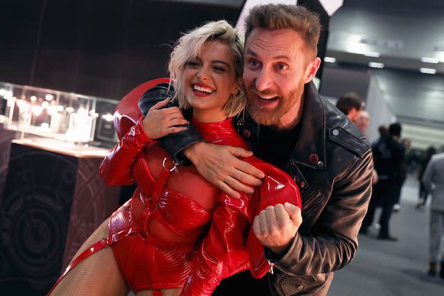 <p>Tristan Fewings/Getty</p> Bebe Rexha and David Guetta in Spain in November 2018