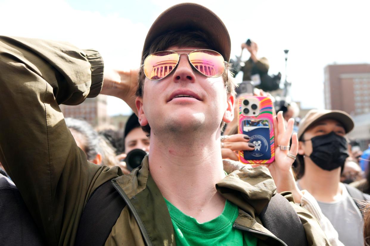 Pro-Palestinian and pro-Israeli Columbia University students physically stood shoulder-to-shoulder to see Speaker Mike Johnson (not shown) on campus, Wednesday, April 24, 2024, in New York City.