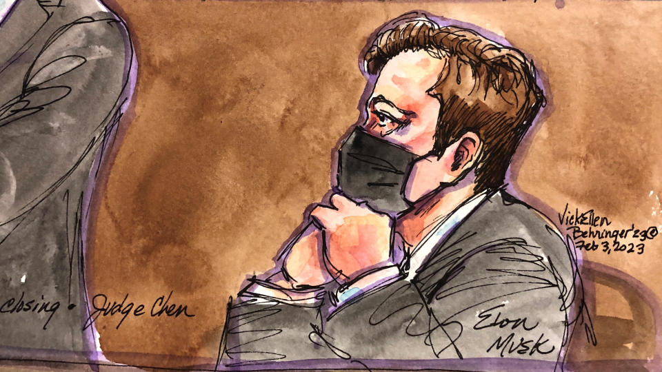 Tesla CEO Elon Musk sits in the courtroom during closing arguments by Tesla attorney Alex Spiro (not seen) at a securities-fraud trial at federal court in San Francisco, California, U.S., February 3, 2023 in this courtroom sketch. REUTERS/Vicki Behringer