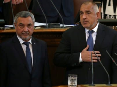 FILE PHOTO: Bulgaria's Prime Minister Boyko Borissov looks at Deputy Prime Minister Valeri Simeonov during a swearing-in ceremony in the parliament in Sofia, Bulgaria May 4, 2017. Picture taken May 4, 2017. REUTERS/Stoyan Nenov/File Photo