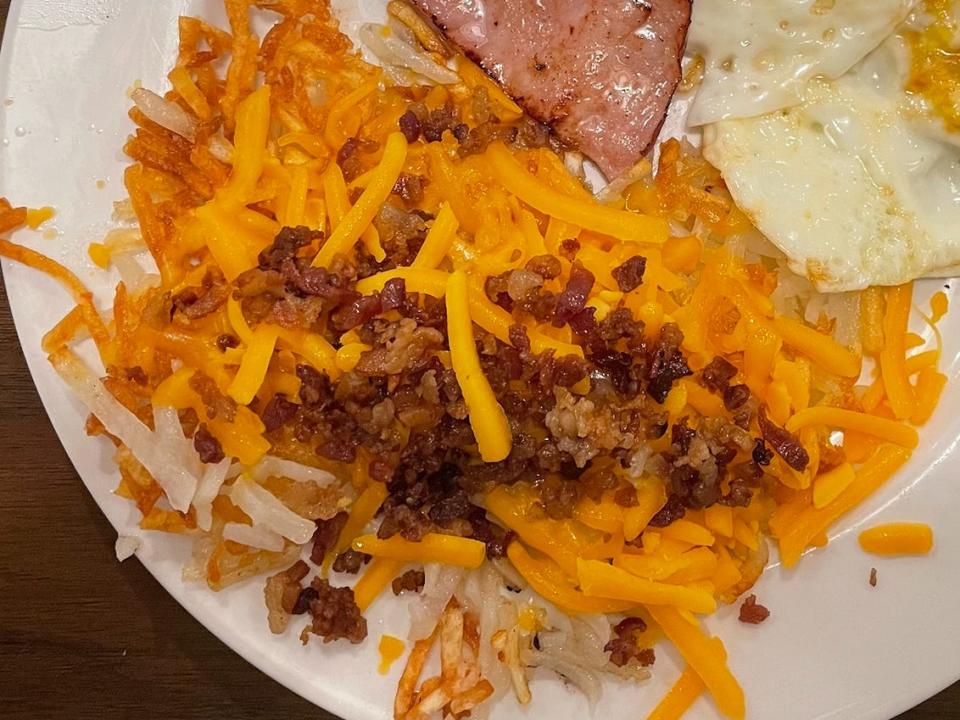 plate of ham, hash brown casserole, and eggs from bob evans