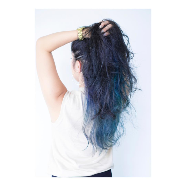 black hair with blue dip dye