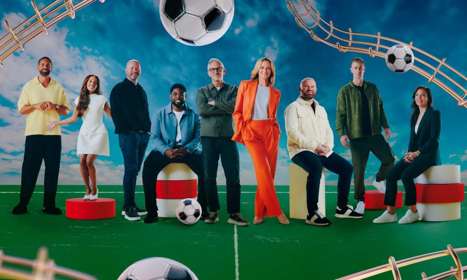 <span>Alan Shearer, Micah Richards and Gary Lineker (from third left) are at the heart of the BBC’s team but are then doing the Rest Is Football.</span><span>Photograph: Holly McCandless Desmond/BBC</span>