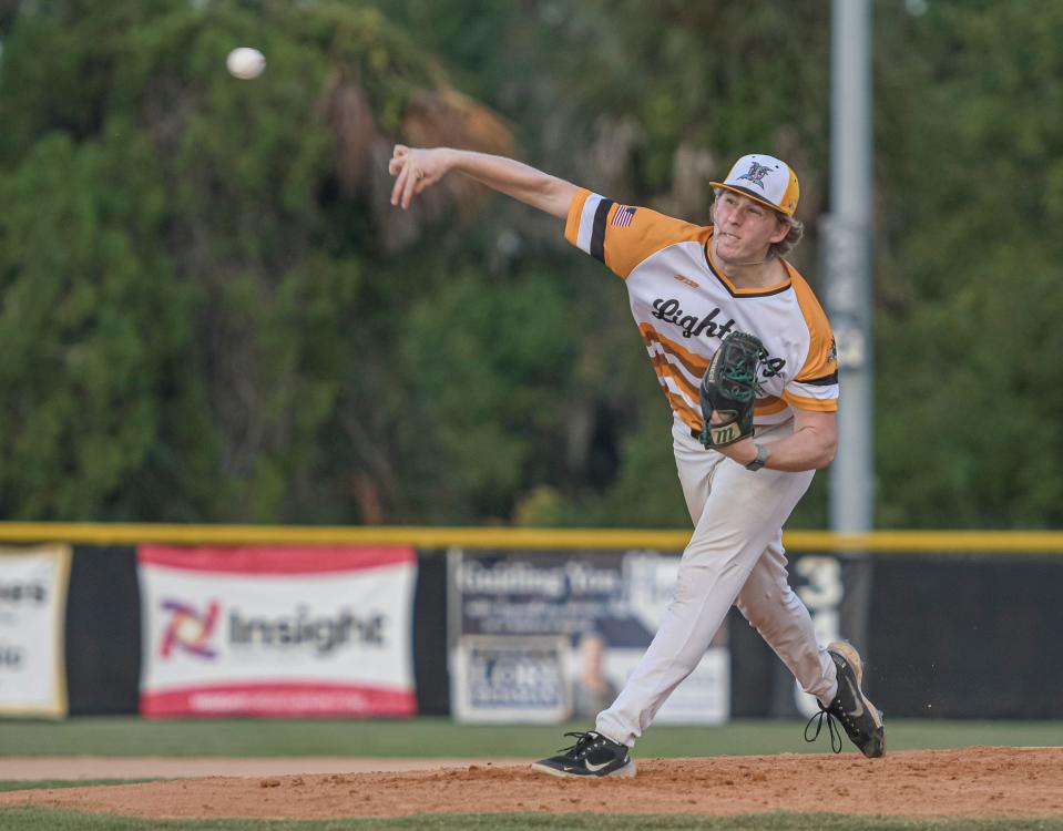 Leesburg's Layton Perry (16) pitches during first game of the FCSL playoffs against the Sanford River Rats at Pat Thomas Stadium-Buddy Lowe Field on July 25, 2022. Perry pitched again on Friday night.