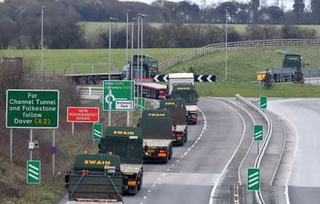 FILE PHOTO: A line of lorries is seen during a trial between disused Manston Airport and the Port of Dover of how road will cope in case of a "no-deal" Brexit, Kent