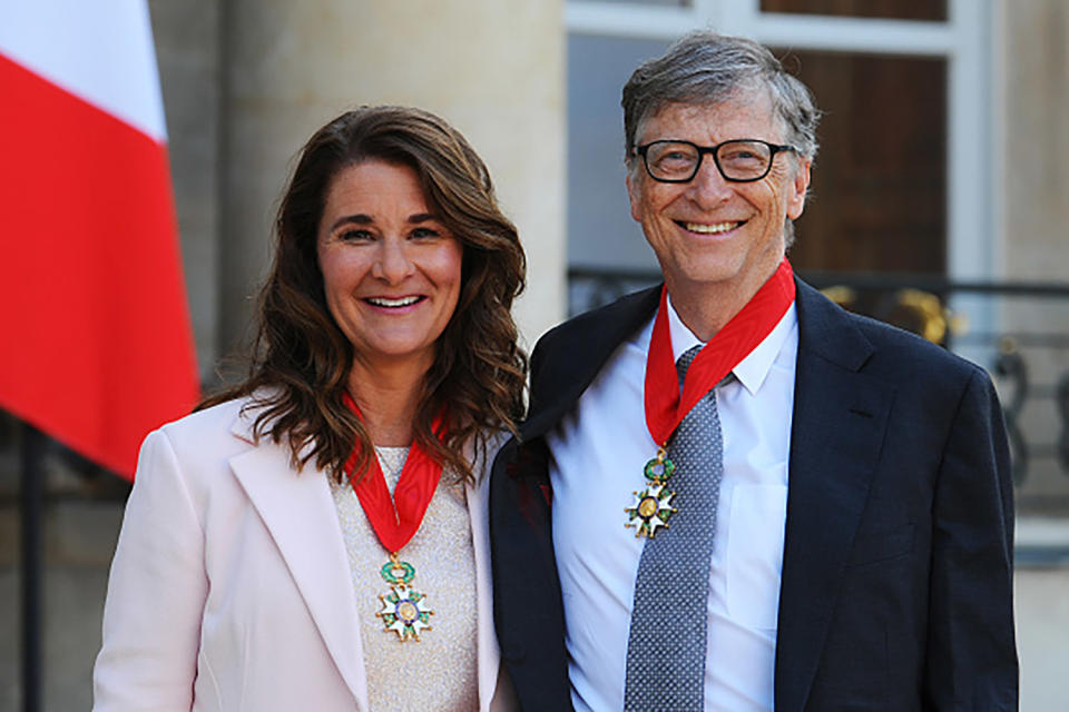 <p>The two pose in front of the Elysee Palace after receiving the award of Commander of the Legion of Honor by then-French President Francois Hollande on April 21, 2017 in Paris.</p>