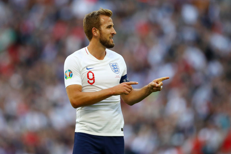 LONDON, ENGLAND - SEPTEMBER 07: Harry Kane of England celebrates after scoring his team's first goal during the UEFA Euro 2020 qualifier match between England and Bulgaria at Wembley Stadium on September 07, 2019 in London, England. (Photo by Julian Finney/Getty Images)