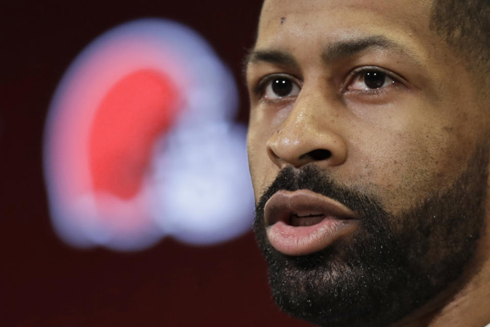 Cleveland Browns general manager Andrew Berry speaks during a news conference at the NFL football team's training facility, Wednesday, Feb. 5, 2020, in Berea, Ohio. Berry returned to the team after a one-year stint in the Philadelphia Eagles' front office. Berry was the Browns' vice president of player personnel from 2016-18. (AP Photo/Tony Dejak)