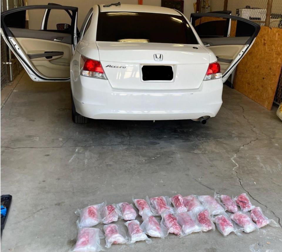 Approximately 20 pounds of methamphetamine were found hidden in the gas tank of the vehicle during a traffic stop in Clovis, New Mexico on Sunday.
