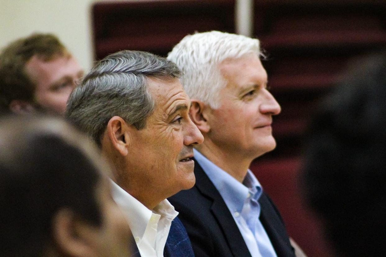 Reps. Ross Turner (left) and Jason Elliott (right), both Republicans from Greenville, attend the groundbreaking ceremony for the Mills Mill sewer improvement project on April 26.