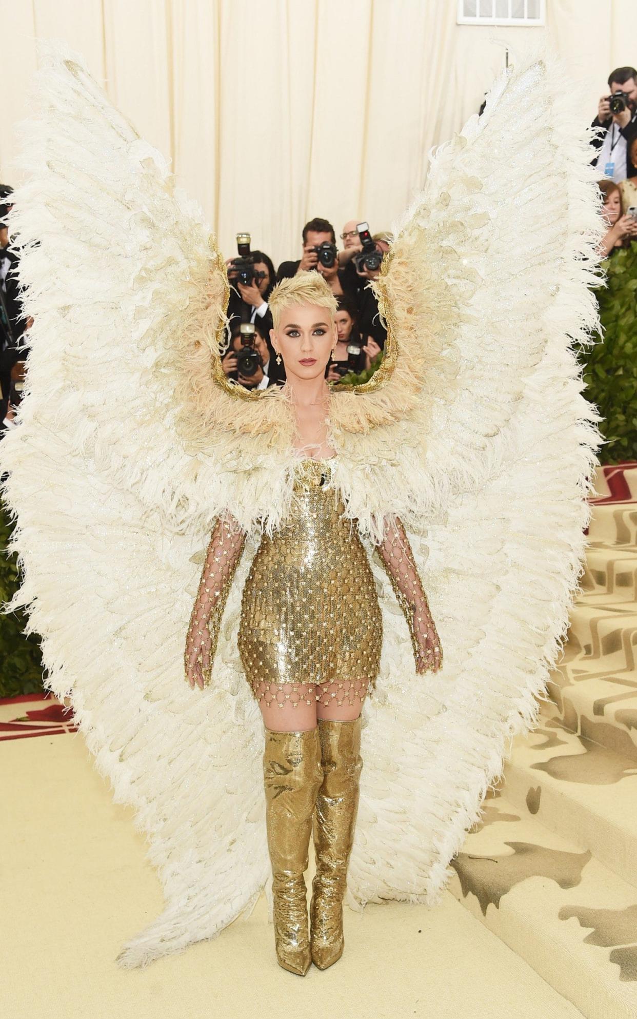 Katy Perry wearing an angelic look by Versace at the 2018 Met Gala - Getty Images North America