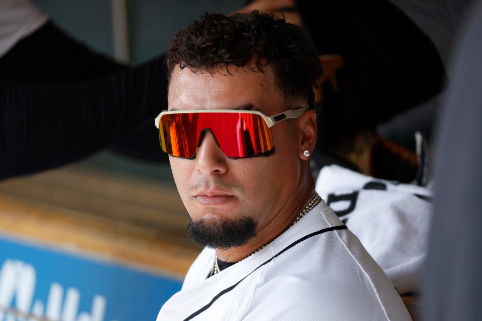 Detroit Tigers shortstop Javier Báez looks on after hitting a home run during the game against the Minnesota Twins at Comerica Park on April 14, 2024, in Detroit, Michigan.