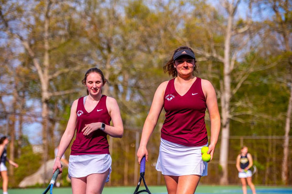 Bishop Stang's Julia Downey and Charlotte Sisson, seen earlier this season against Bishop Feehan, won on Thursday against Reading Memorial.