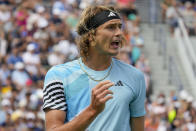 Alexander Zverev, of Germany, reacts during a match against Aleksandar Vukic, of Australia, during the first round of the U.S. Open tennis championships, Tuesday, Aug. 29, 2023, in New York. (AP Photo/John Minchillo)