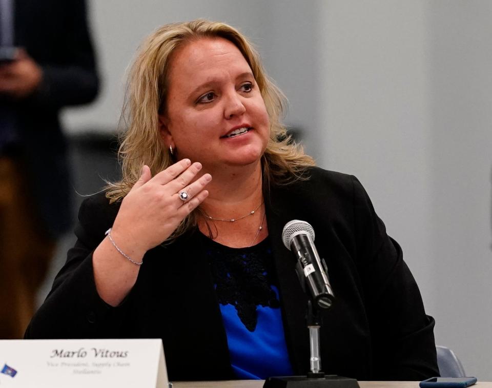 Stellantis Vice President of Supply Chain Marlo Vitous addresses a roundtable of local and federal leaders including Gov. Whitmer and U.S. Secretary of Commerce Gina Raimondo on Monday, Nov. 29, 2021 at the UAW Region 1A Stephen P. Yokich Auditorium in Taylor.