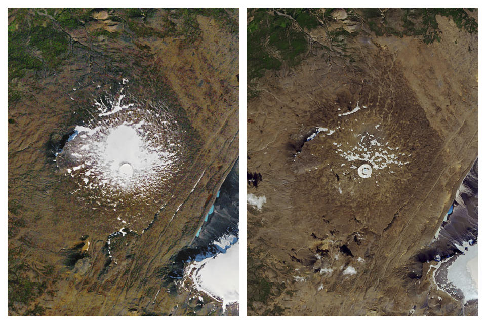 FILE - This combination of Sept. 14, 1986, left, and Aug. 1, 2019 photos provided by NASA shows the shrinking of the Okjokull glacier on the Ok volcano in west-central Iceland. A geological map from 1901 estimated Okjökull spanned an area of about 38 square kilometers (15 square miles). In 1978, aerial photography showed the glacier was 3 square kilometers. in 2019, less than 1 square kilometer remains. (NASA via AP, File)