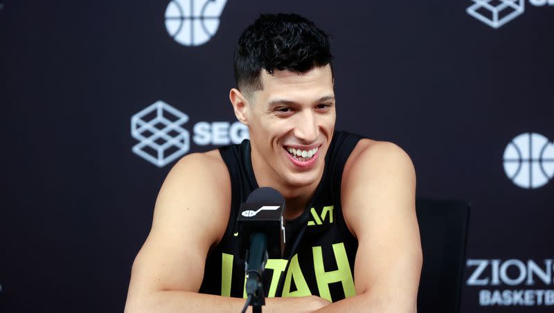 Forward Simone Fontecchio talks to members of the media during Utah Jazz media day at the Zions Bank Basketball Center in Salt Lake City on Monday, Oct. 2, 2023.