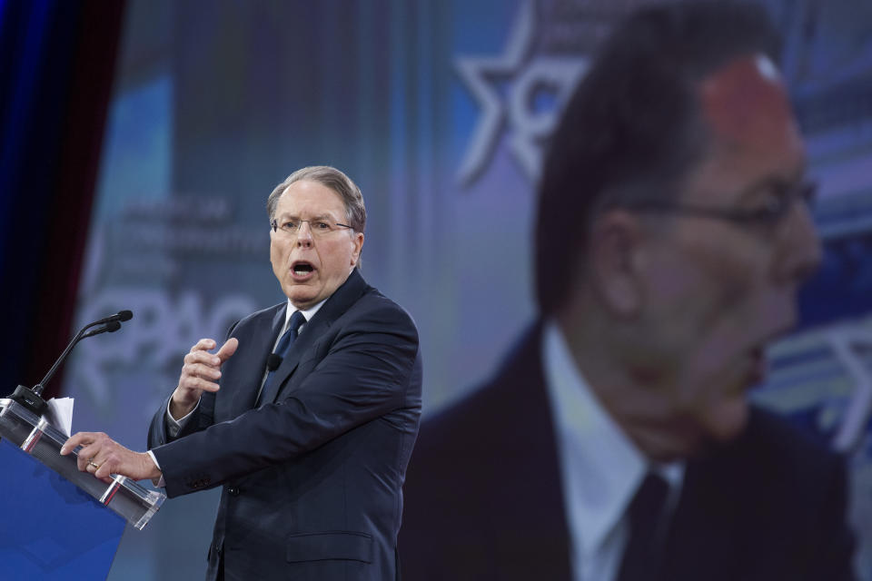 <p>Wayne LaPierre, CEO of the National Rifle Association, addresses the Conservative Political Action Conference at the Gaylord National Resort in Oxon Hill, Md., on Feb. 22, 2018. (Photo: Tom Williams/CQ Roll Call/Getty Images) </p>