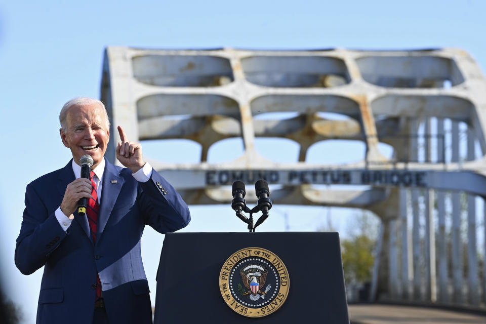 President Joe Biden speaks near the Edmund Pettus Bridge in Selma, Ala., Sunday, March 5, 2023, to commemorate the 58th anniversary of “Bloody Sunday,” a landmark event of the civil rights movement. (AP Photo/Julie Bennett)