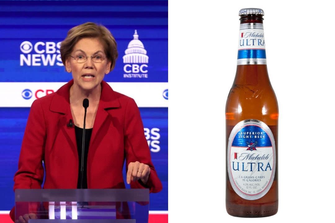 Composite: Elizabeth Warren and Michelob Ultra bottle