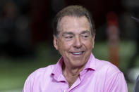 Alabama football head coach Nick Saban talks with the media at Alabama's NFL pro day, Thursday, March 23, 2023, in Tuscaloosa, Ala. (AP Photo/Vasha Hunt)