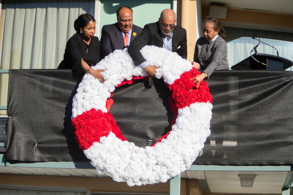 Arndrea Waters King, Martin Luther King III, Russ Wigginton, president of the National Civil Rights Museum, and the Rev. Dorothy Sanders Wells place a new wreath in front of Room 306 where Martin Luther King Jr. was assassinated on April 4, 1968, during the “Remembering MLK: The Man. The Movement. The Moment.” event on Thursday, April 4, 2024, in front of the National Civil Rights Museum in Memphis. The event celebrated the life and legacy of Martin Luther King Jr. on the 56th anniversary of his assassination at the Lorraine Motel in Memphis.