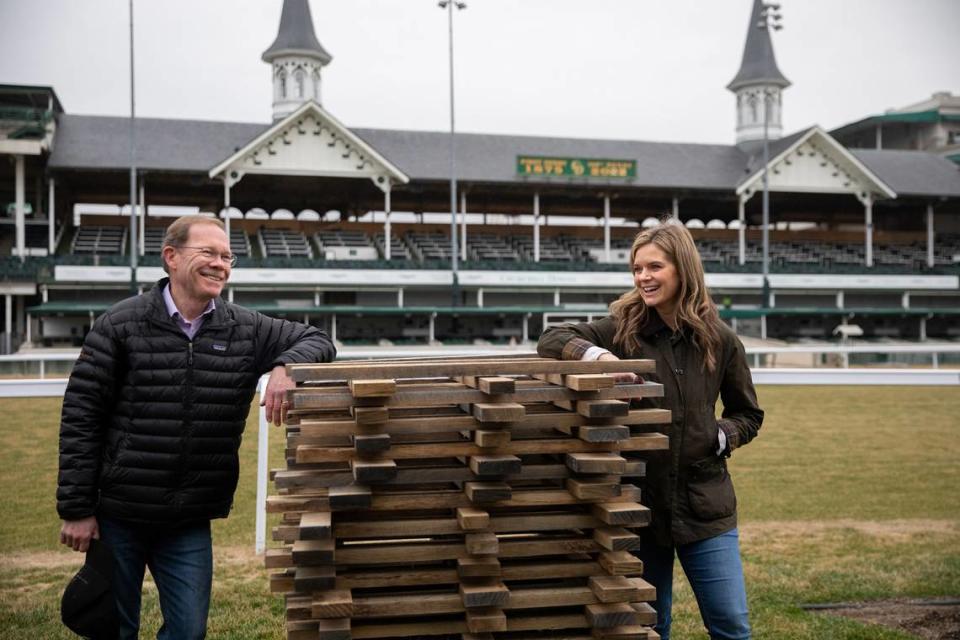 What makes this Kentucky bourbon so special? It’s triple aged and the staves of the third aging cask were seasoned in the actual Kentucky Derby winner’s circle at Churchill Downs racetrack in Louisville, Kentucky. Master distiller emeritus Chris Morris with master distiller Elizabeth McCall at the racetrack where the Derby will be run on May 4.